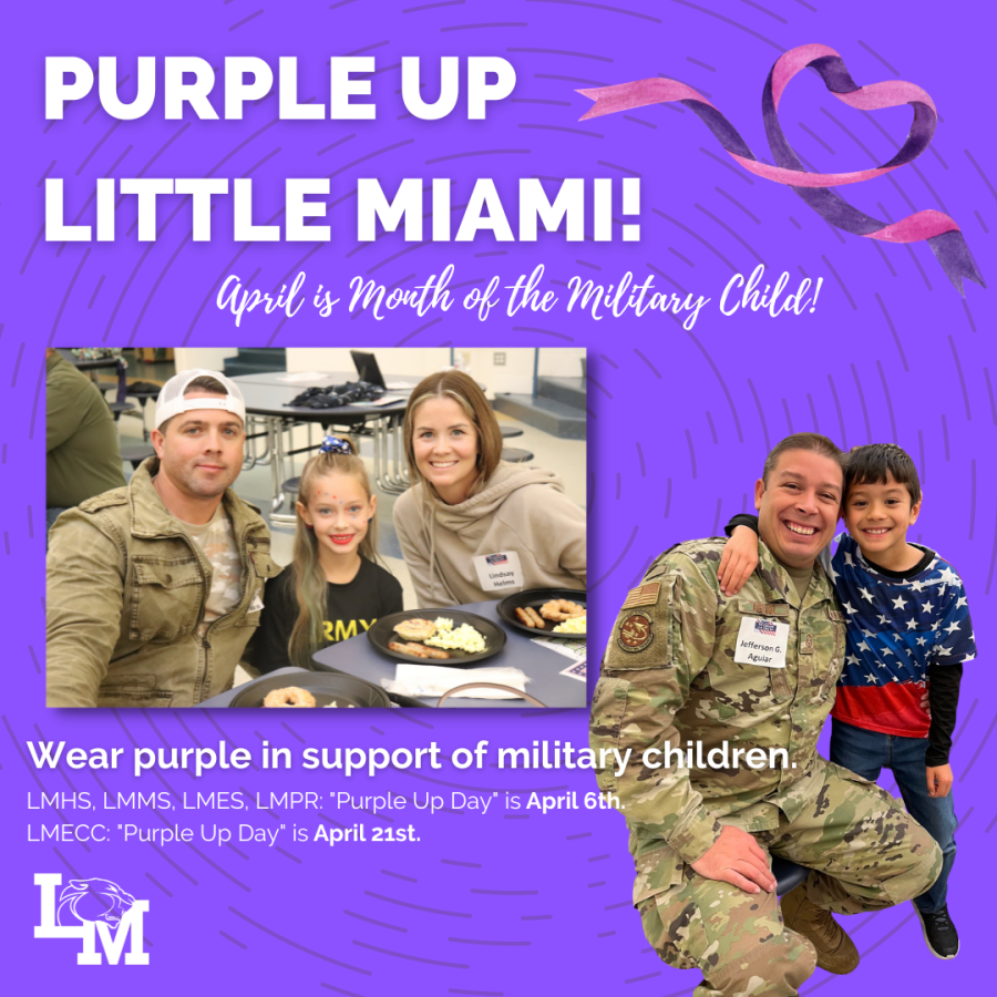 purple background with military families and their students smiling at lmpr breakfast